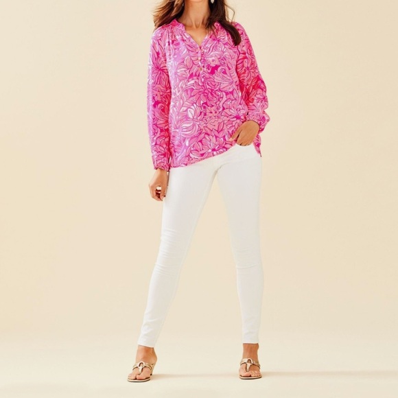 Lilly Pulitzer Elsa Top Pink Pawsitive Cattitude Floral Cats 100% Silk Blouse S - Picture 11 of 11